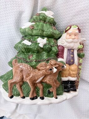 Vintage Large Figi Christmas Cookie Jar Santa Reindeer fawns and Christmas tree